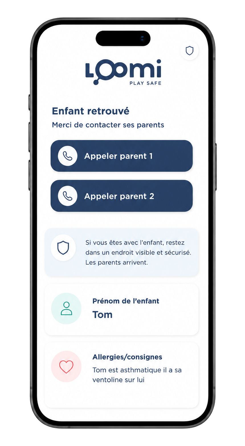 Écran Loomi avec fiche enfant et contacts des parents