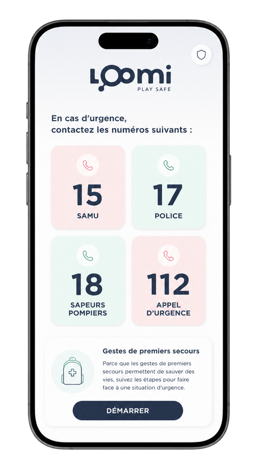 Écran Loomi avec numéros d’urgence et gestes de premiers secours